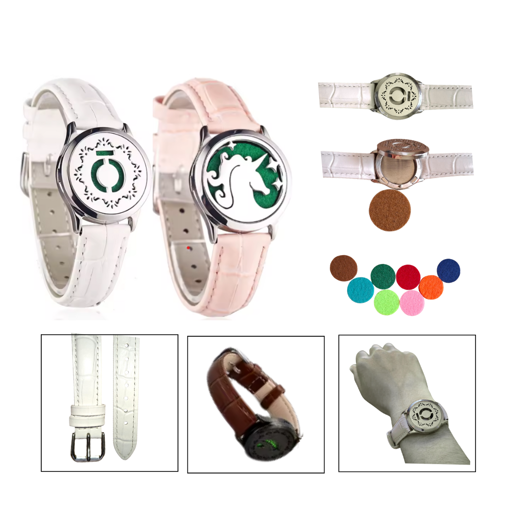 Pulsera unisex de cuero genuino con medallón aromático de acero inoxidable y 8 almohadillas para diferentes fragancias
