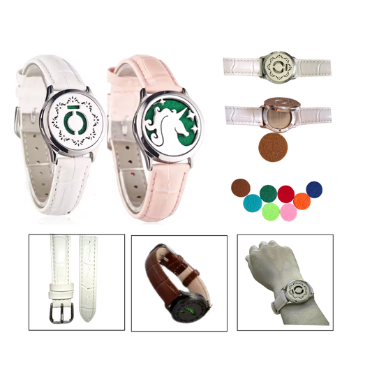 Pulsera unisex de cuero genuino con medallón aromático de acero inoxidable y 8 almohadillas para diferentes fragancias