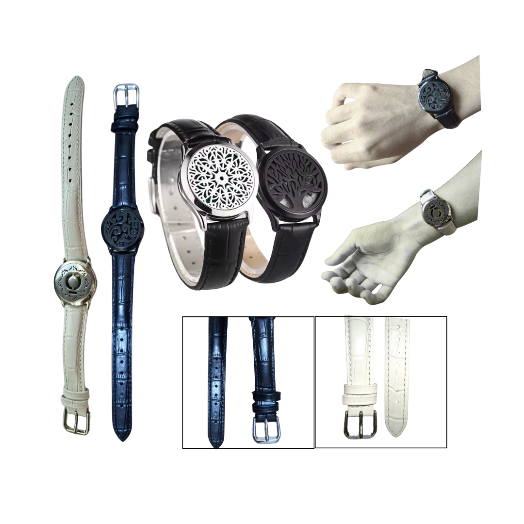 Pulsera unisex de cuero genuino con medallón aromático de acero inoxidable y 8 almohadillas para diferentes fragancias