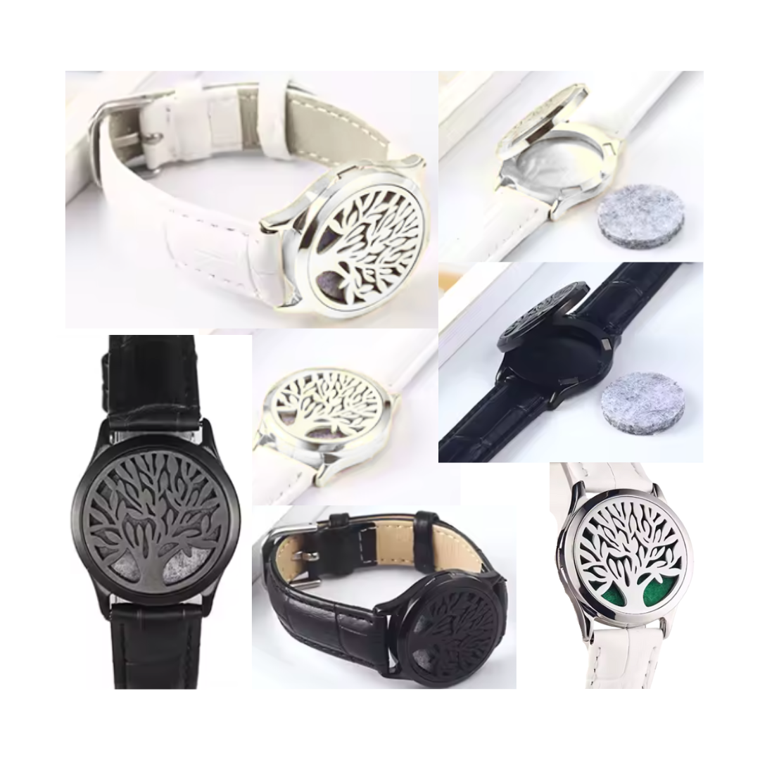 Pulsera unisex de cuero genuino con medallón aromático de acero inoxidable y 8 almohadillas para diferentes fragancias