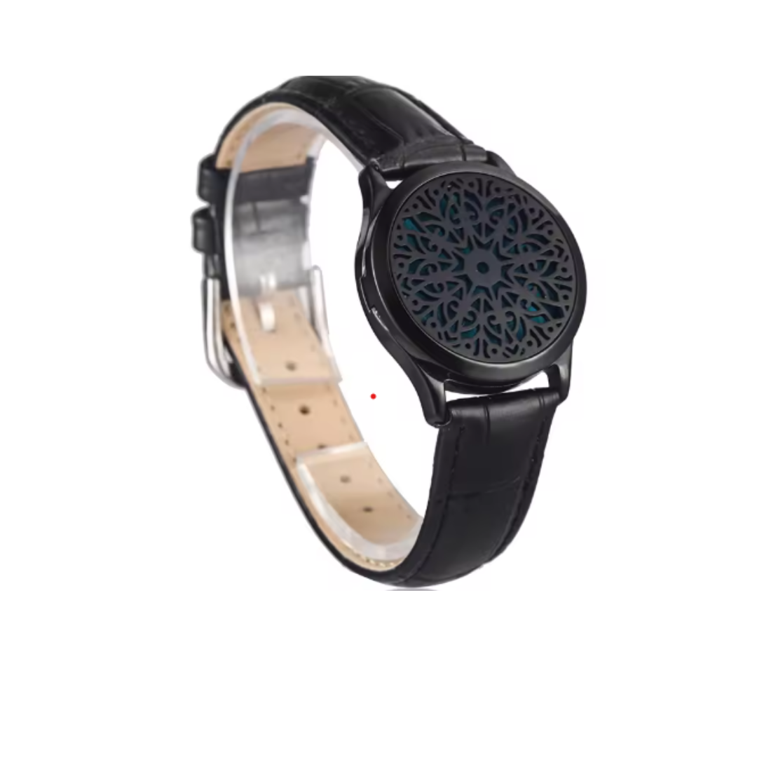 Pulsera unisex de cuero genuino con medallón aromático de acero inoxidable y 8 almohadillas para diferentes fragancias