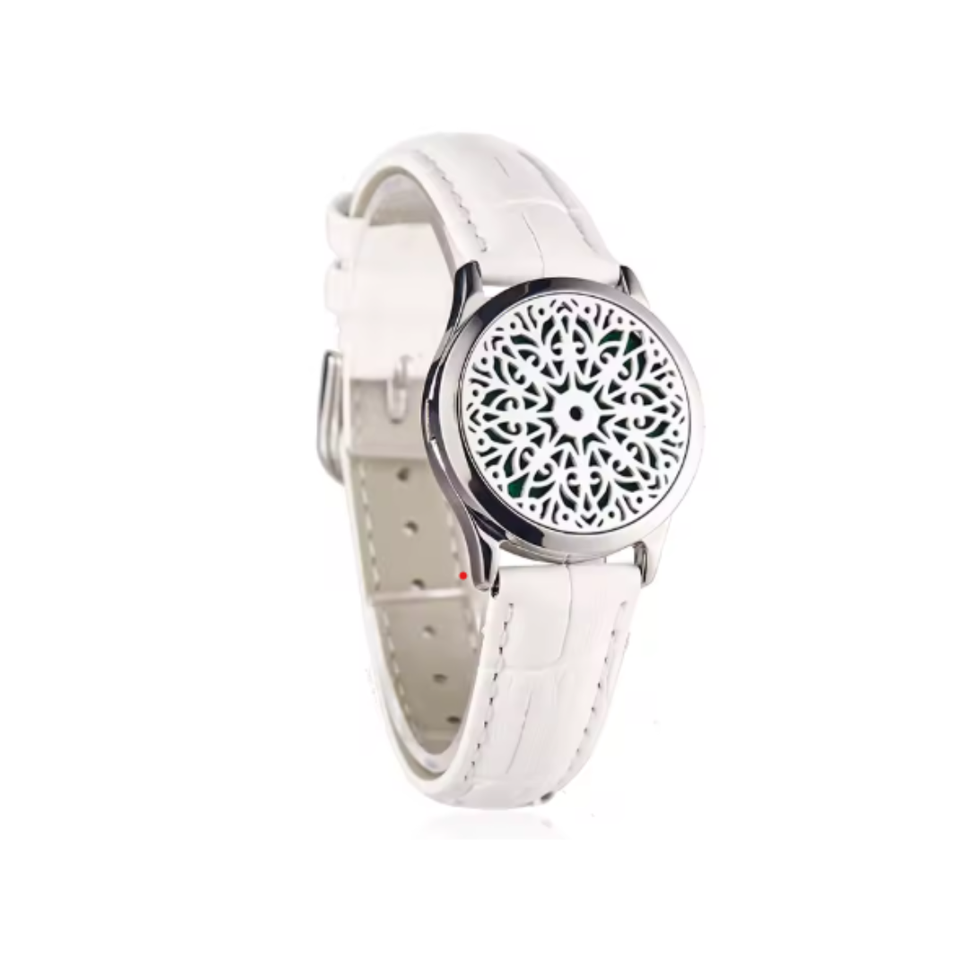 Pulsera unisex de cuero genuino con medallón aromático de acero inoxidable y 8 almohadillas para diferentes fragancias